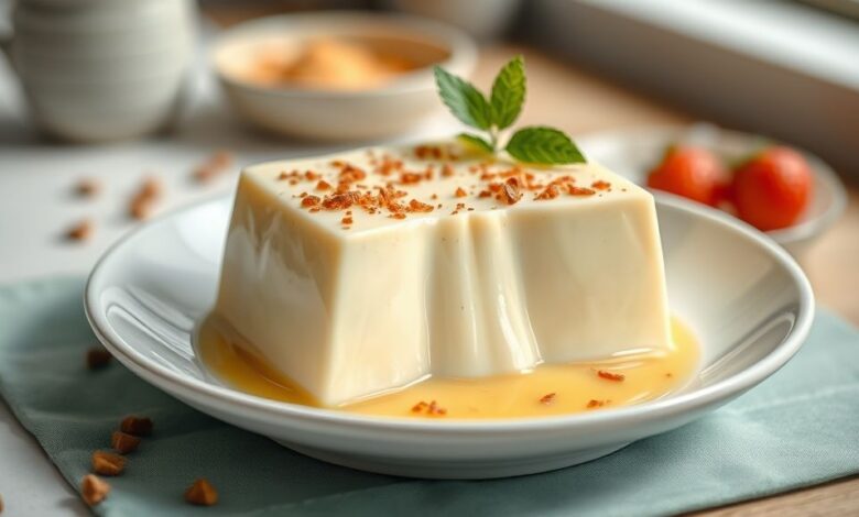 Pudim dourado com calda de caramelo brilhante servido em prato branco, textura cremosa e aspecto irresistível