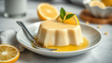 Pudim de limão simples desenformado, com textura cremosa e calda dourada, decorado com raspas de limão fresco