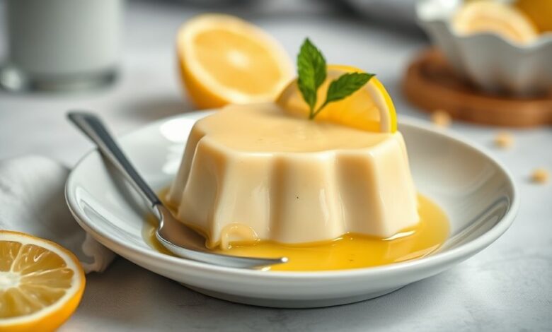 Pudim de limão simples desenformado, com textura cremosa e calda dourada, decorado com raspas de limão fresco