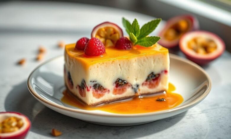 Pudim de maracujá cremoso com calda de frutas e sementes, servido frio em prato branco elegante