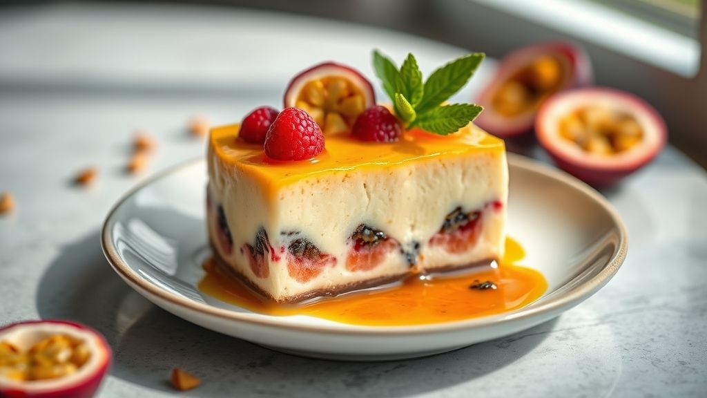 Pudim de maracujá que não vai ao forno servido com calda dourada e sementes da fruta, textura cremosa e brilho apetitoso