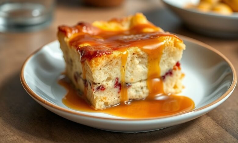 Pudim de pão cremoso com calda dourada e brilho apetitoso, servido em prato de sobremesa.