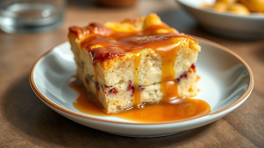 Pudim de pão cremoso com calda de caramelo dourada servido em prato branco, textura lisa e brilhante.
