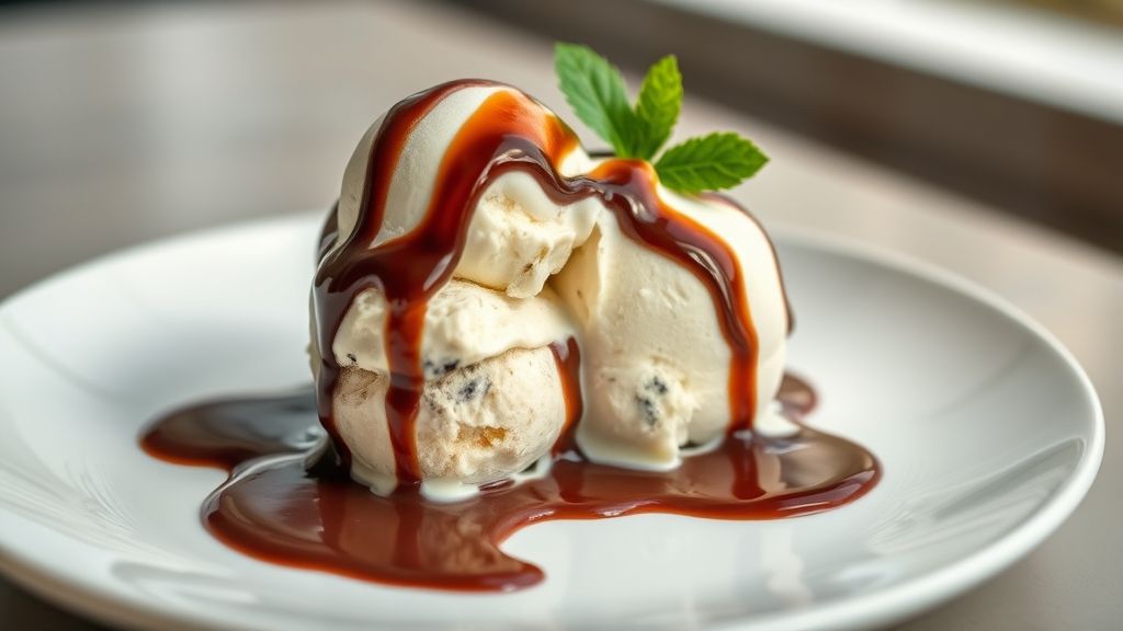 Pudim de sorvete com calda de chocolate cremoso e brilhante servido frio em prato branco