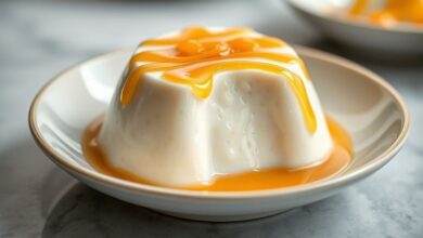 Pudim de tapioca dourado com calda brilhante sobre prato branco, decorado com coco ralado e aparência irresistível.