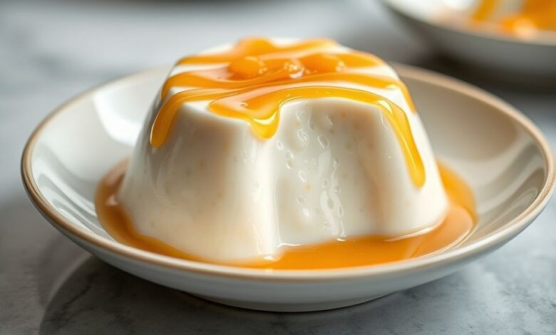 Pudim de tapioca dourado com calda brilhante sobre prato branco, decorado com coco ralado e aparência irresistível.