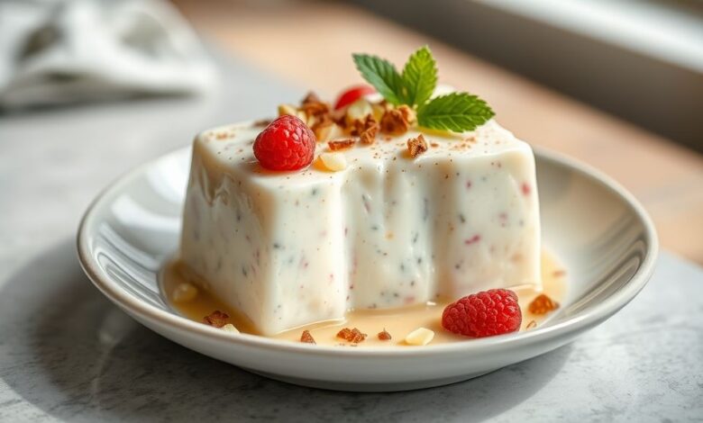 Pudim de tapioca sem forno bem firme e cremoso, servido com calda de caramelo brilhante em prato de sobremesa elegante