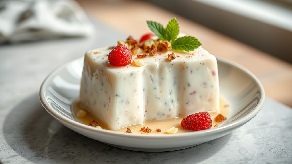 Pudim de tapioca sem forno pronto, cremoso e dourado com calda de caramelo, servido em prato branco elegante