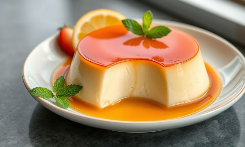 Pudim dourado, cremoso e liso, sem furinhos, servido em um prato elegante e coberto por calda brilhante de caramelo.