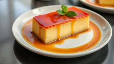 Pudim dourado e brilhante, servido em prato branco, com calda escorrendo e textura cremosa de padaria.