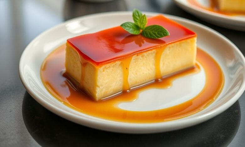 Pudim dourado e brilhante, servido em prato branco, com calda escorrendo e textura cremosa de padaria.