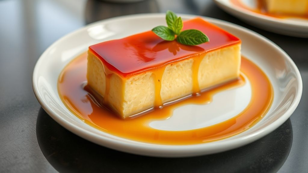 Pudim perfeito com calda de caramelo dourado servida em prato branco, textura lisa e aparência cremosa irresistível.