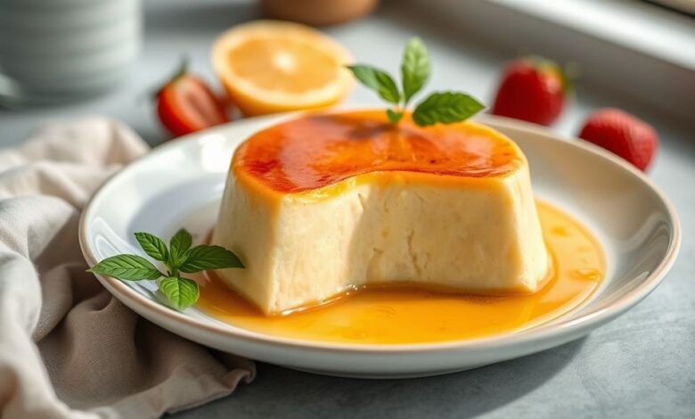 Pudim sem leite dourado e brilhante com calda de caramelo escorrendo, servido em prato branco elegante