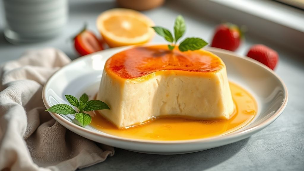 Pudim sem leite cremoso e dourado com calda de caramelo, pronto para servir