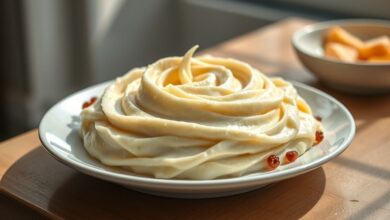 Purê de batata cremoso servido em uma tigela elegante, textura lisa e brilhante, com manteiga derretendo no topo.