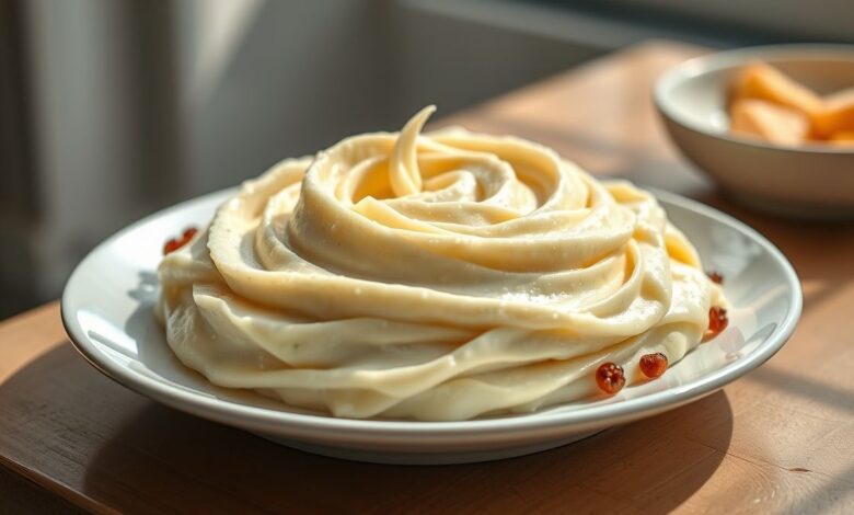 Purê de batata cremoso servido em uma tigela elegante, textura lisa e brilhante, com manteiga derretendo no topo.