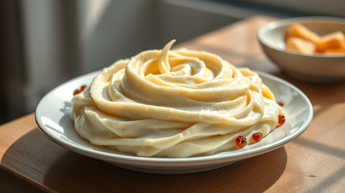 Purê de batata cremoso servido em tigela branca, textura aveludada e sabor artesanal.