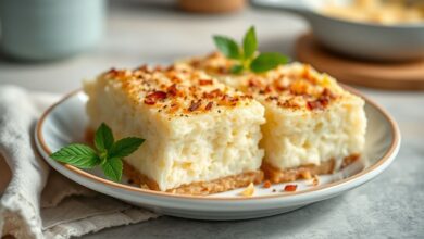 Queijadinha de assadeira dourada, cortada em quadradinhos com interior cremoso e aparência caseira e apetitosa