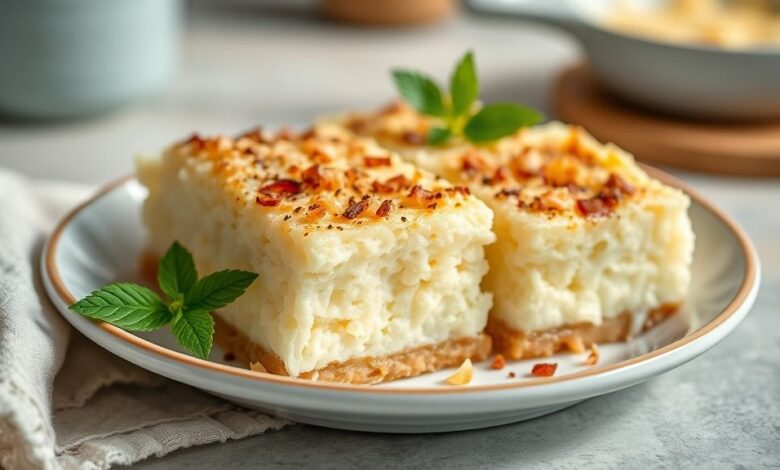 Queijadinha de assadeira dourada, cortada em quadradinhos com interior cremoso e aparência caseira e apetitosa