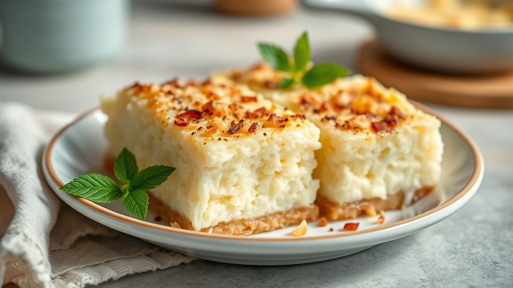 Queijadinha de assadeira cremosa e dourada cortada em quadradinhos, com textura úmida e crosta de coco e queijo.
