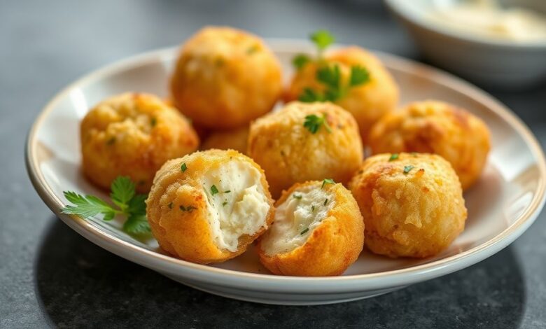 Petisco dourado e crocante de queijo coalho empanado servido com molho de acompanhamento