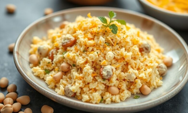 Tigela com queijo ralado sem leite dourado e granulado, servido sobre massa recém-preparada