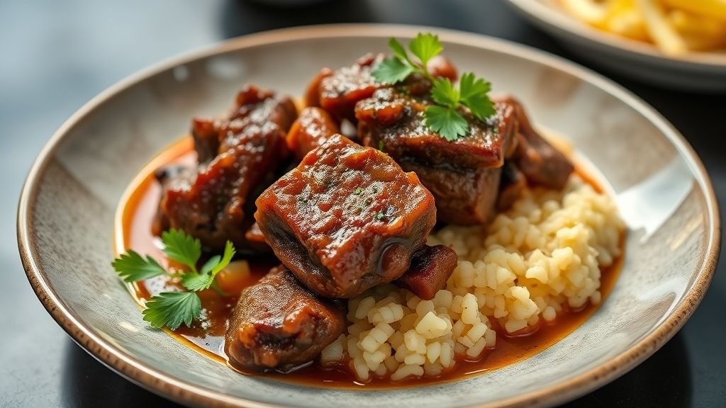 Rabada com mandioca servida em prato fundo, com caldo encorpado e pedaços de carne macia