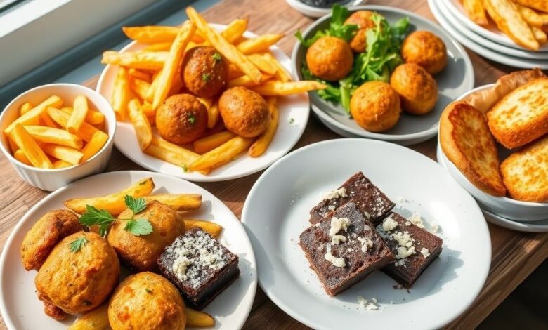 Pratos variados dourados e crocantes preparados na airfryer, dispostos em uma mesa de madeira.