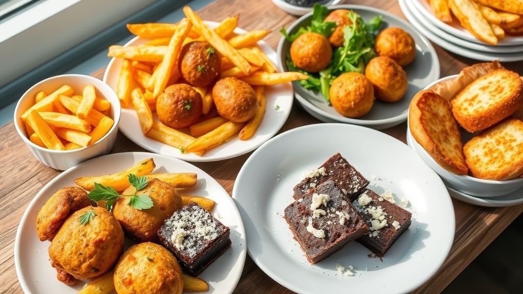 Pratos variados dourados e crocantes preparados na airfryer, dispostos em uma mesa de madeira.