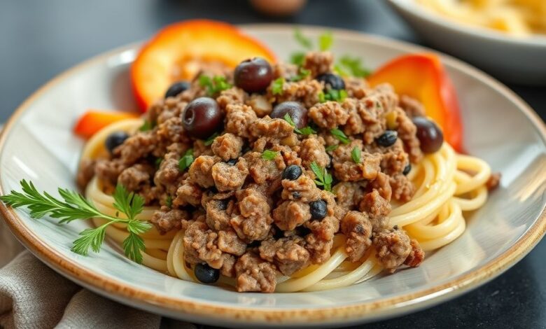 Recheio de carne moída com azeitona servido em prato rústico, mostrando textura úmida e cor vibrante