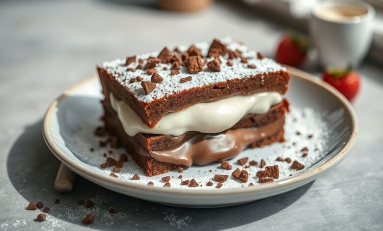 Creme de leite ninho com chocolate cremoso, brilhante e bem misturado em uma tigela de vidro