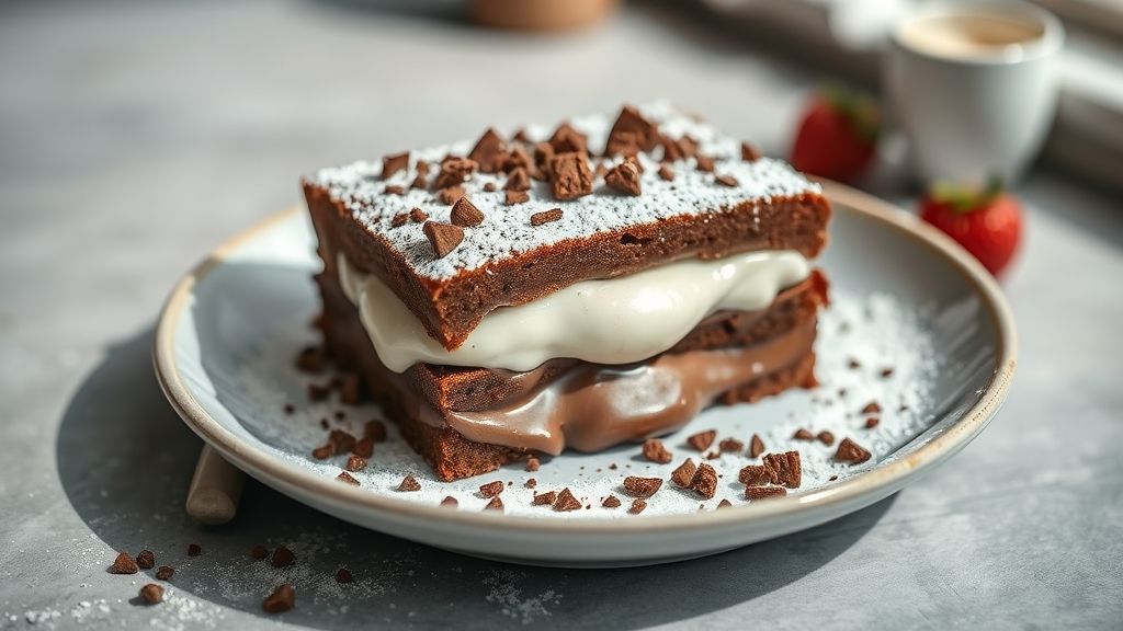 Recheio de leite ninho com chocolate cremoso pronto para rechear bolos, com textura brilhante e sedosa