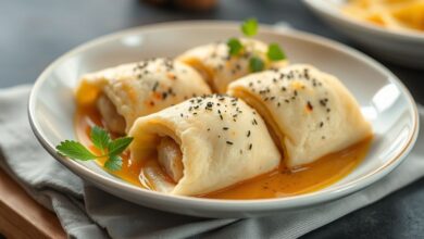 Risoles dourados, crocantes e bem modelados, servidos em prato elegante com textura apetitosamente crocante