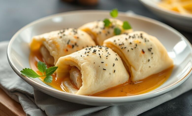 Risoles dourados, crocantes e bem modelados, servidos em prato elegante com textura apetitosamente crocante