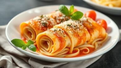 Rondelli gratinado e dourado, servido em travessa rústica com molho cremoso e queijo derretido