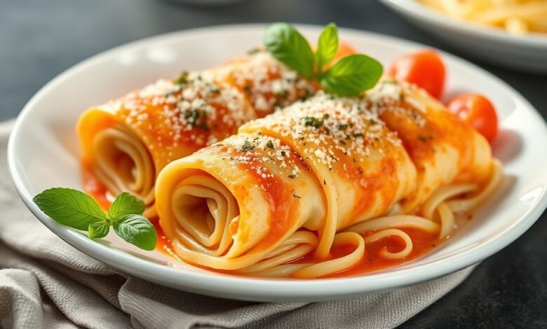 Rondelli gratinado e dourado, servido em travessa rústica com molho cremoso e queijo derretido