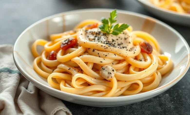 Rondelli servido em prato branco com molho branco e parmesão gratinado, textura cremosa e dourada