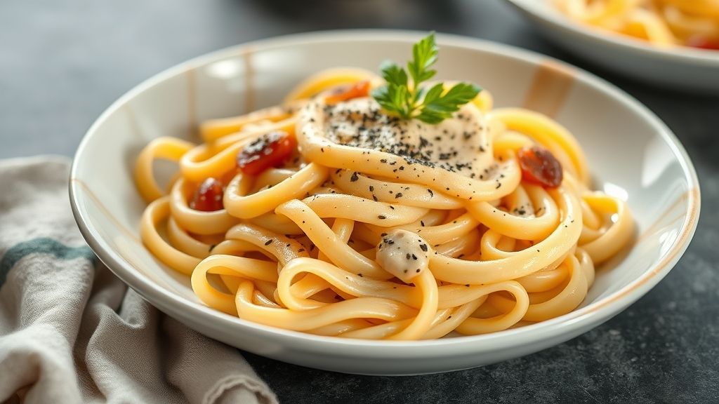 Rondelli servido em prato branco com molho branco e parmesão gratinado, textura cremosa e dourada