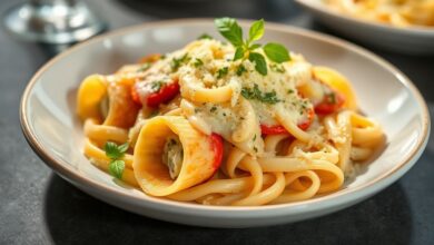Rondelli dourado e cremoso coberto com queijo derretido, servido em refratário elegante