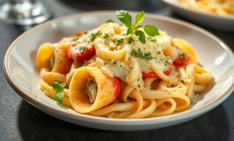 Rondelli dourado e cremoso coberto com queijo derretido, servido em refratário elegante