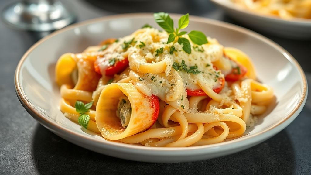 Rondelli dourado e cremoso coberto com queijo derretido, servido em refratário elegante