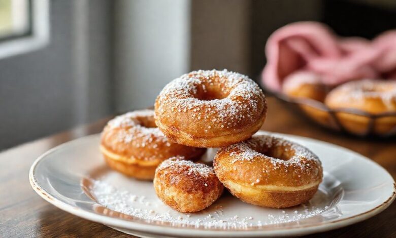 Rosquinhas douradas e crocantes servidas em prato branco, polvilhadas com açúcar e canela