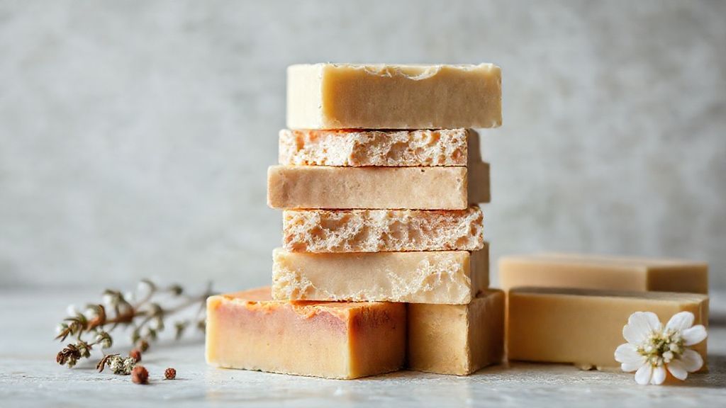Barras de sabão caseiro artesanal cortadas e empilhadas sobre superfície de madeira.