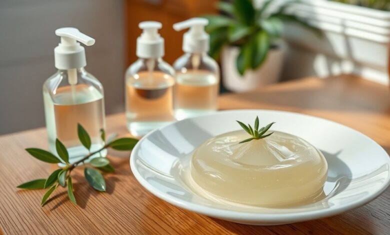 Sabão líquido caseiro sem álcool em garrafas, de cor clara e textura cremosa, sobre bancada de limpeza