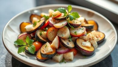 Salada de berinjela gelada colorida com tomate e cebolinha servida em tigela branca, com aparência fresca e apetitosa