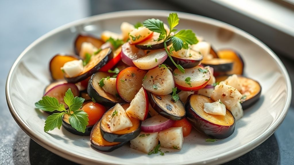 Salada de berinjela gelada colorida com tomate e cebolinha servida em tigela branca, com aparência fresca e apetitosa