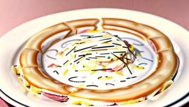 Tigela de salada de macarrão cremosa com presunto, queijo e legumes frescos, decorada com folhas verdes.