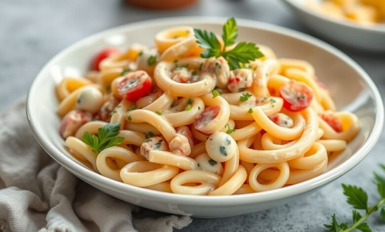 Salada de macarrão simples com legumes frescos e molho cremoso servida em tigela de vidro colorida e apetitosa
