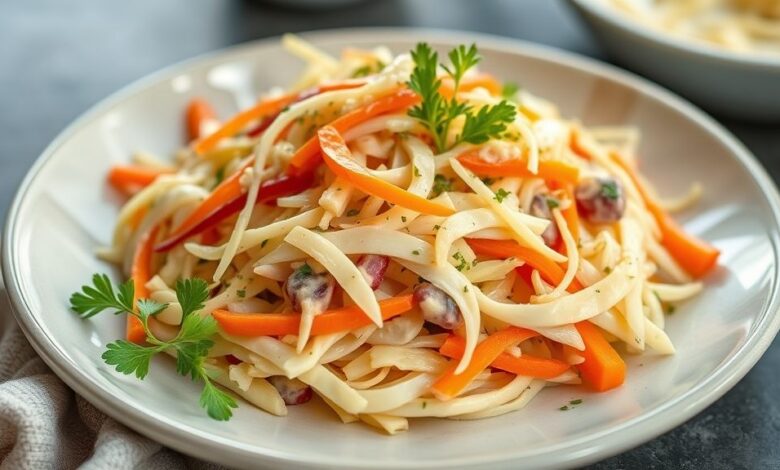 Salada cremosa de repolho e cenoura finalizada, colorida, fresca e bem apresentada em tigela elegante.
