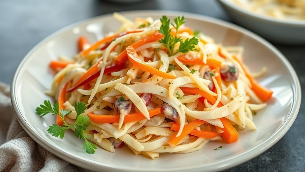 Salada cremosa de repolho e cenoura finalizada, colorida, fresca e bem apresentada em tigela elegante.